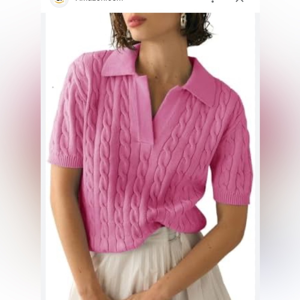 Bright Pink  Cable Knit Short Sleeve Polo Sweater SZ M NEW